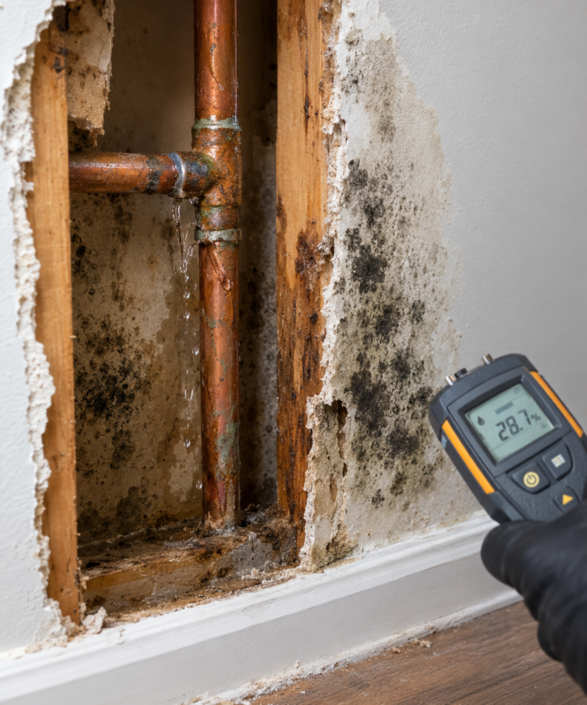 Cutaway of a wall showing mold spreading around a leaking copper pipe