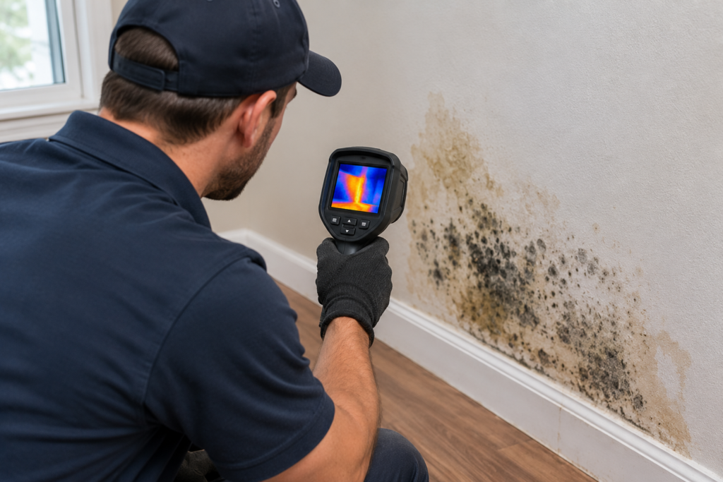 Technician using a thermal imaging camera to find hidden moisture inside a wall