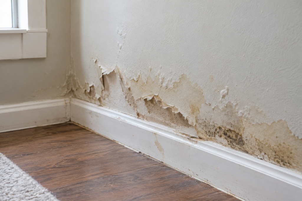 Peeling paint and water stains near a baseboard, a common sign of mold behind the wall